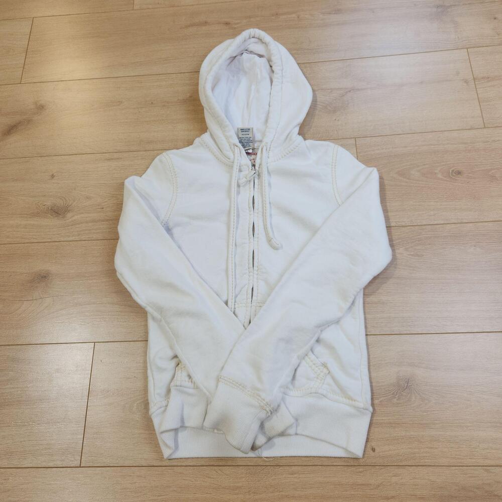 True Religion Big T Hoodie Womens Small White Full Zip Fleece Logo Sweatshirt